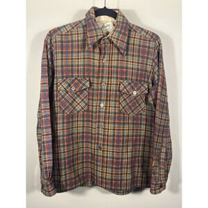 Vintage 60s Golden Line Men's Medium Plaid Flannel Wool Shirt Cabin Hunting